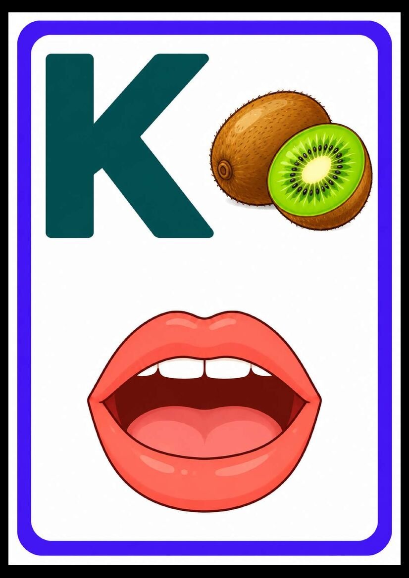 Alfabeto das boquinhas letra K com kiwi cortado e boca aberta